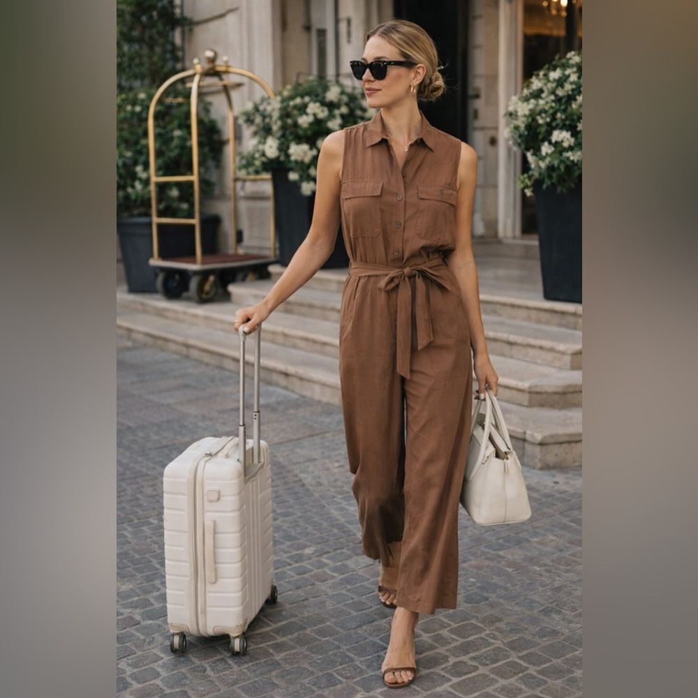Cocoa Brown Utility Jumpsuit Tie Waist Sleeveless Wide Leg Chic M